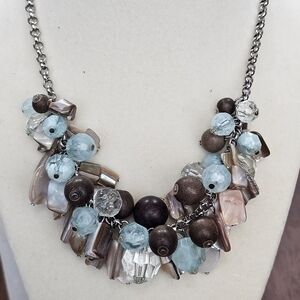 Shell Wood Faceted Bead Cluster Necklace on Adjustable Silvertone Chain
